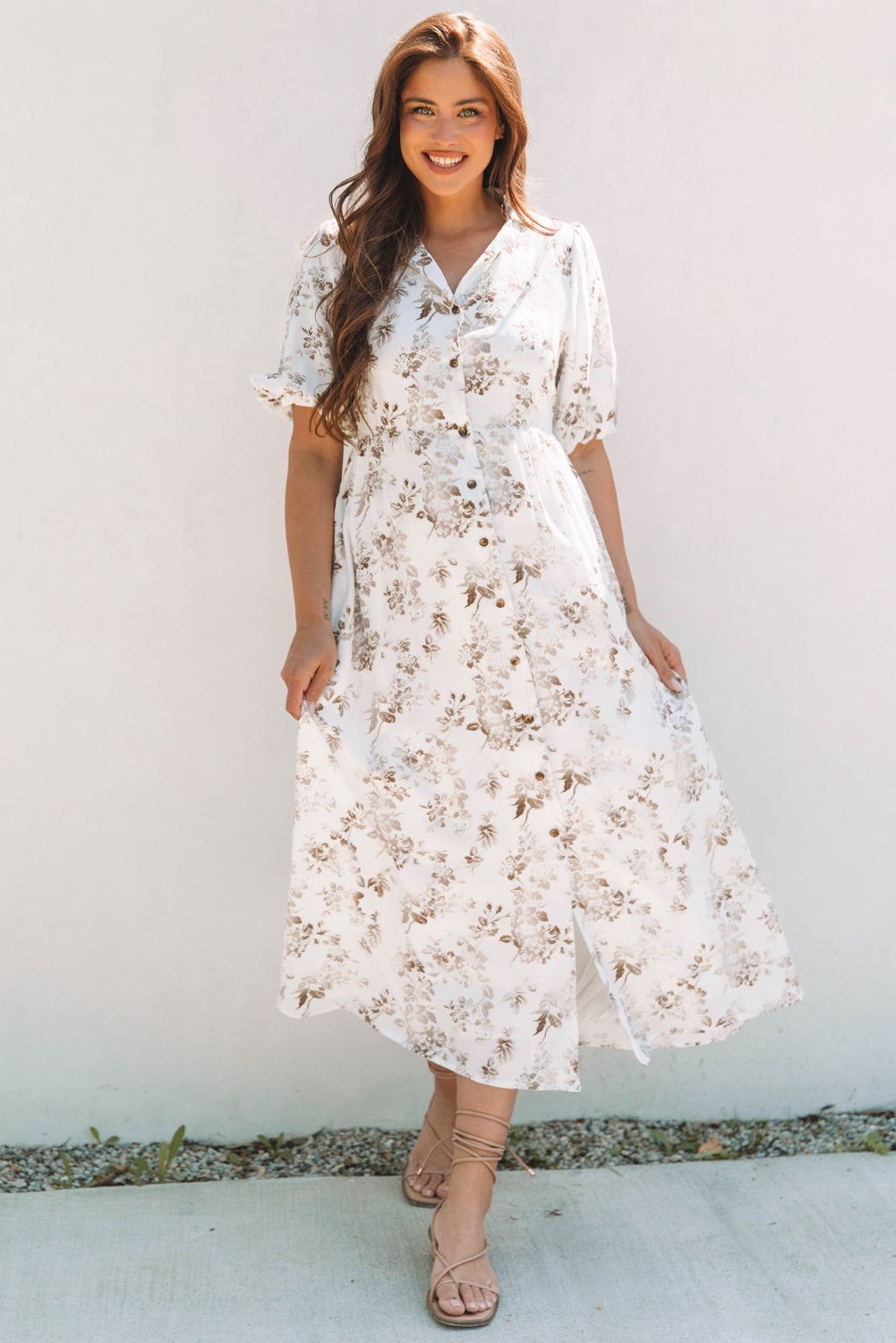 Khaki Floral Puff Sleeve V Neck Buttoned Maxi Dress