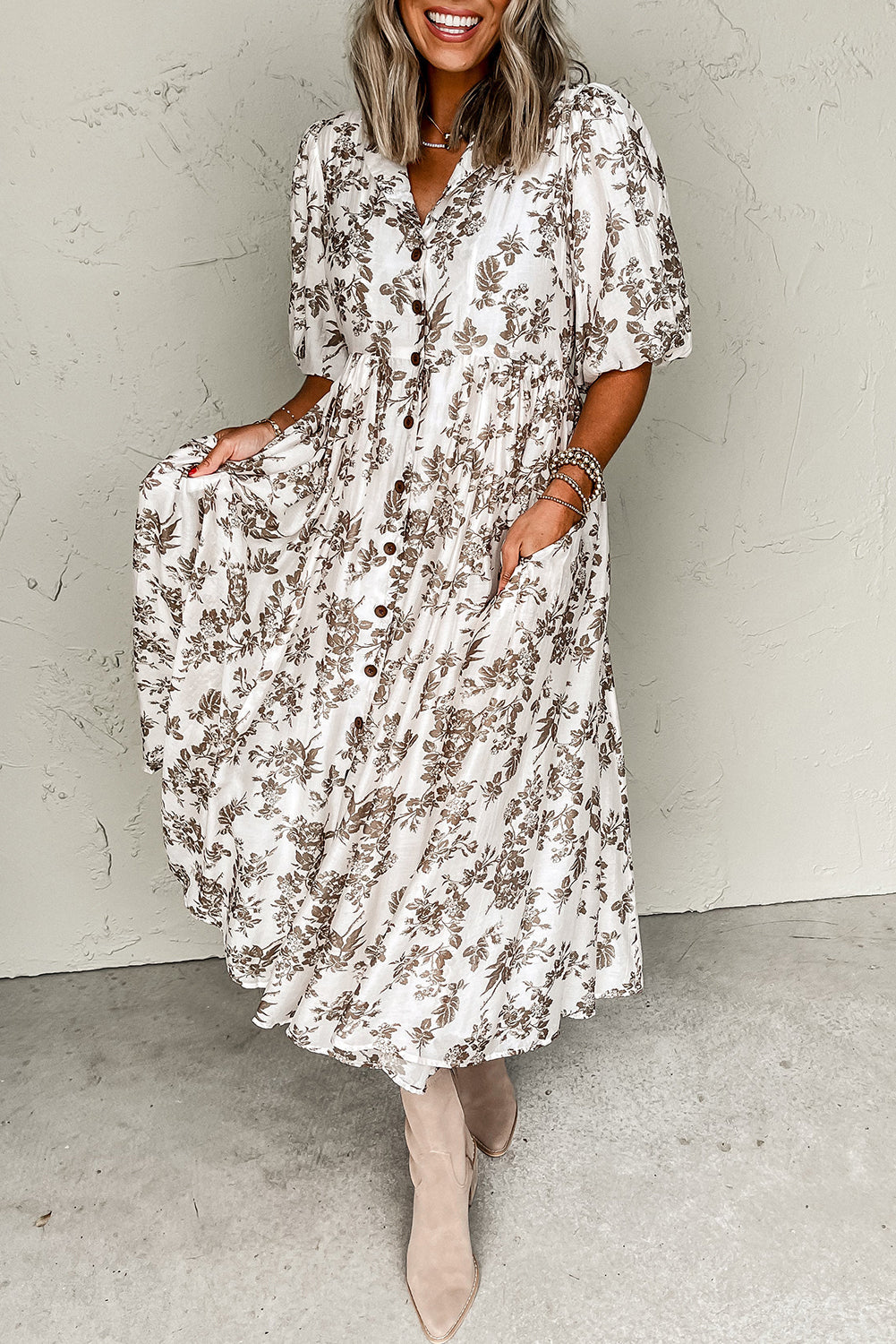 Khaki Floral Puff Sleeve V Neck Buttoned Maxi Dress