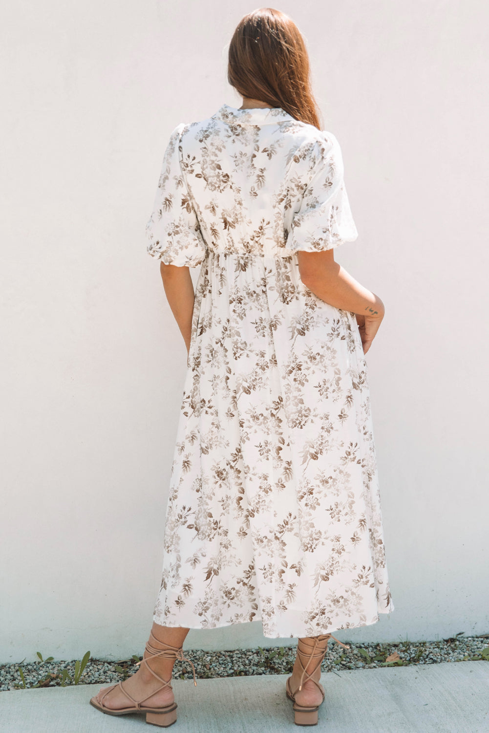 Khaki Floral Puff Sleeve V Neck Buttoned Maxi Dress