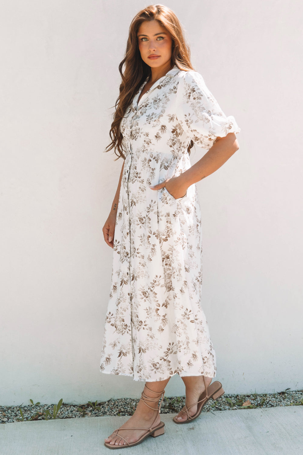 Khaki Floral Puff Sleeve V Neck Buttoned Maxi Dress