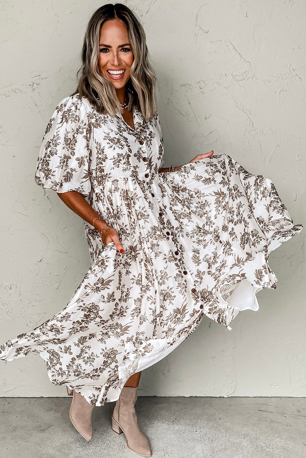 Khaki Floral Puff Sleeve V Neck Buttoned Maxi Dress