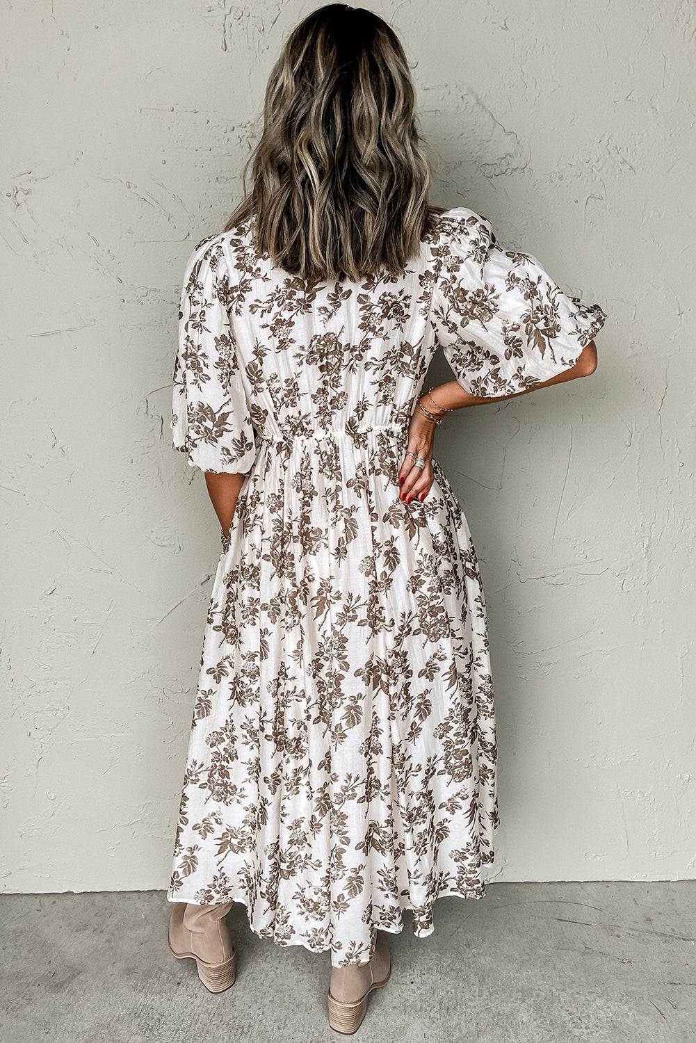 Khaki Floral Puff Sleeve V Neck Buttoned Maxi Dress