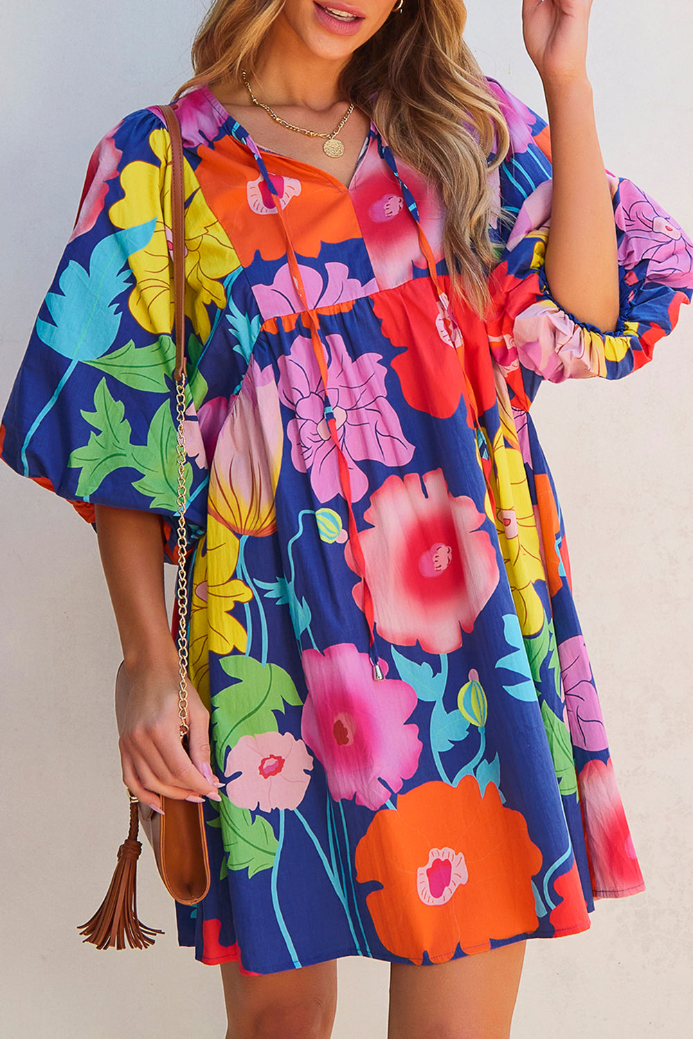 Dark Blue Floral Print Split Neck Babydoll Dress with Puff