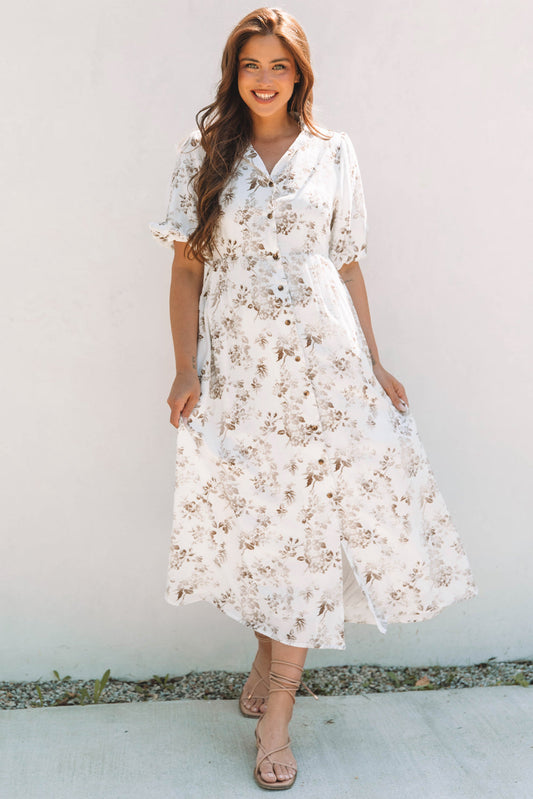 Khaki Floral Puff Sleeve V Neck Buttoned Maxi Dress