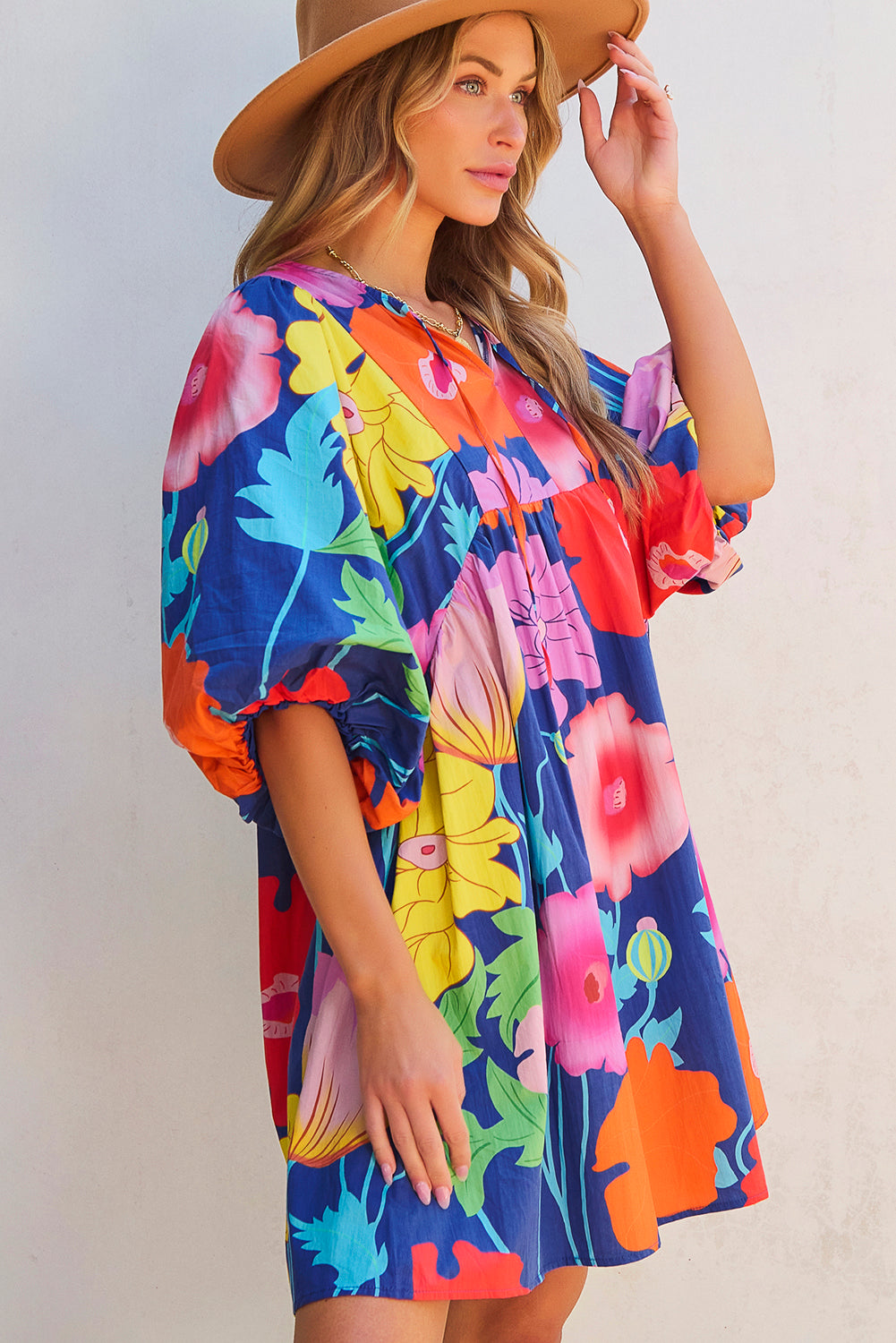 Dark Blue Floral Print Split Neck Babydoll Dress with Puff