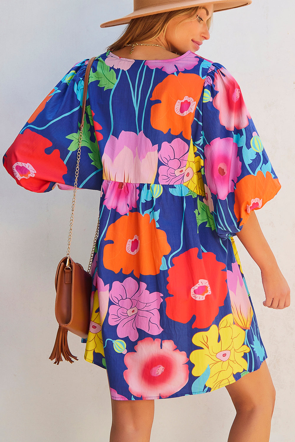 Dark Blue Floral Print Split Neck Babydoll Dress with Puff