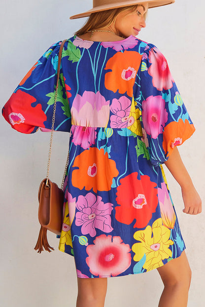 Dark Blue Floral Print Split Neck Babydoll Dress with Puff