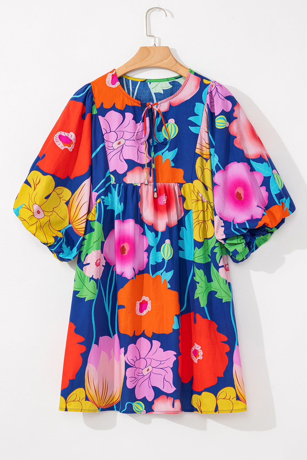 Dark Blue Floral Print Split Neck Babydoll Dress with Puff