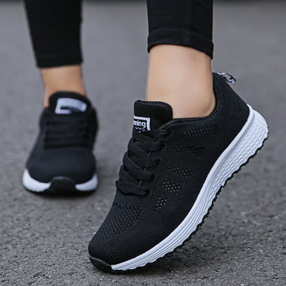 Women's Casual Fashion Sneakers: Breathable Walking Mesh Flat Shoes, Gym Vulcanized Shoes, White Female Footwear