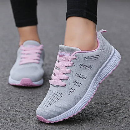 Women's Casual Fashion Sneakers: Breathable Walking Mesh Flat Shoes, Gym Vulcanized Shoes, White Female Footwear