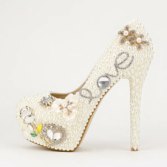 New luxurious designer bridal shoes with pearls, crystals, and a love-shaped cutout for Valentine's Day.