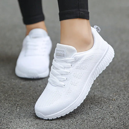 Women's Casual Fashion Sneakers: Breathable Walking Mesh Flat Shoes, Gym Vulcanized Shoes, White Female Footwear