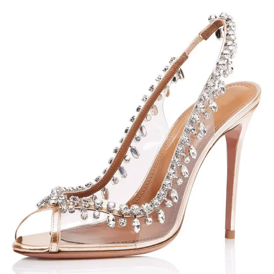 Women's Sandals - Spring/Summer New High Heel Fashion Crystal Rhinestone Chain Fine Heel Fish Mouth