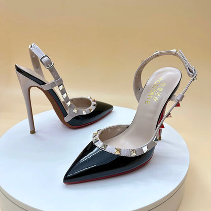 New Fashion Slingbacks Women's White Wine Black Patent Leather Stud Summer Sandal Heels