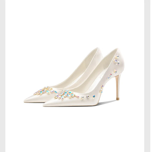 New spring bridal wedding shoes, all-match stiletto high-heeled pointed-toe silk-faced white rhinestone banquet dress women's shoe.
