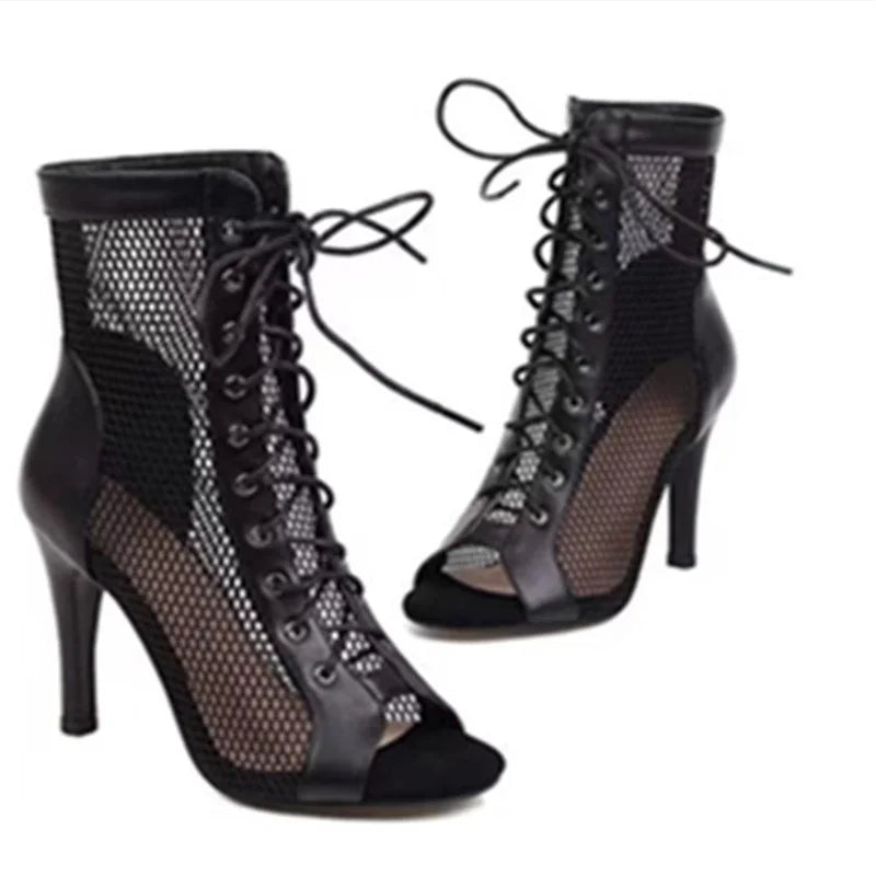 Women's Mesh Cool Boots Dance Shoes for Summer, Slim Heel Hollow Short Boots Jazz Dance High Heel Nightclub Sandals