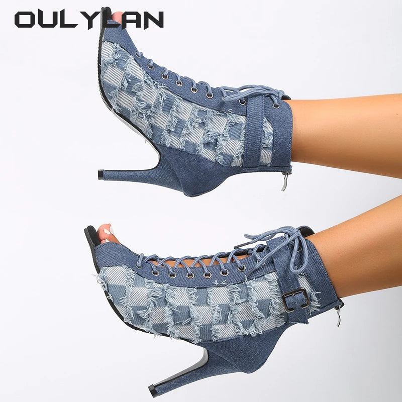 New Fish Mouth Cool Boots Women's Autumn Comfortable Hollow Heels High Heel Dance Sandals Denim Blue Large Size Shoes