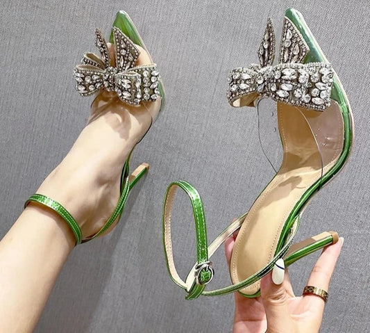 Green Pointed Toe Crystal PVC Transparent Women's Pumps with Sexy Buckle Strap, Summer Stiletto High Heels