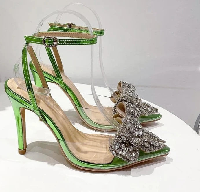 Green Pointed Toe Crystal PVC Transparent Women's Pumps with Sexy Buckle Strap, Summer Stiletto High Heels