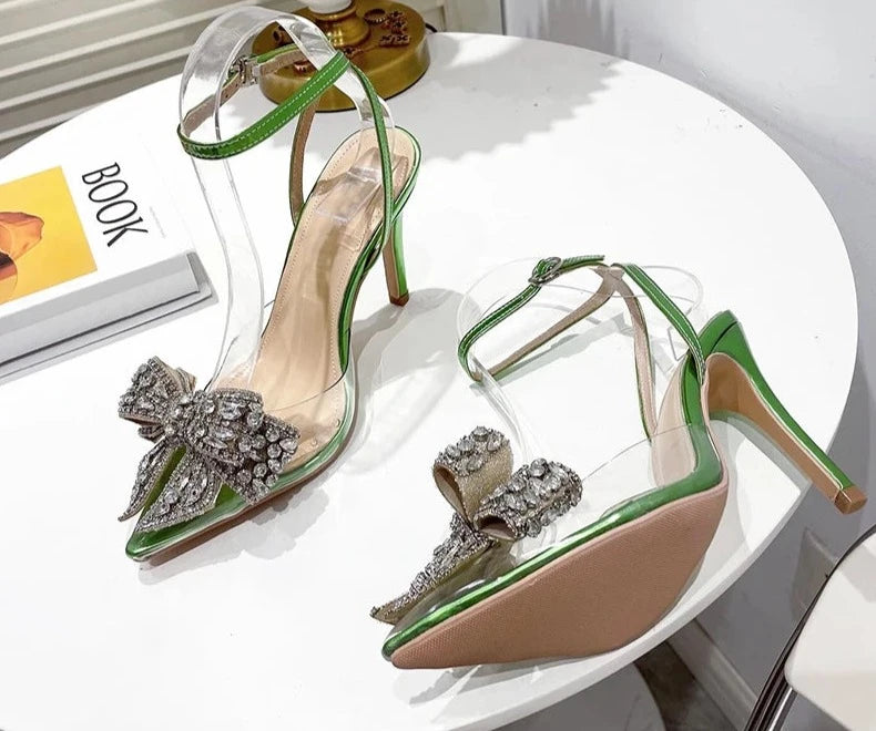 Green Pointed Toe Crystal PVC Transparent Women's Pumps with Sexy Buckle Strap, Summer Stiletto High Heels