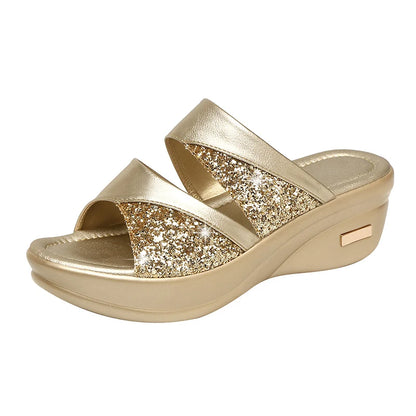 Women's Casual Glitter PU Slingback Wedge Platform Sandals, Comfortable Spring/Summer Wedge Slippers