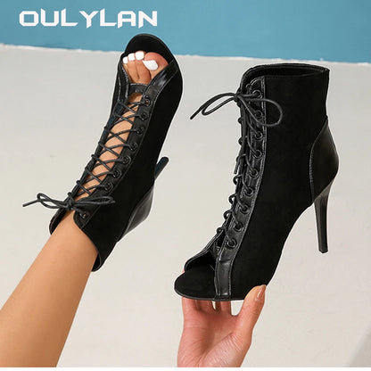 Sexy Slim High Heel Sandals with Lace-Up Women's Fish Mouth Fashion Boots for Dance Parties, Ladies' Dance Shoes for Spring