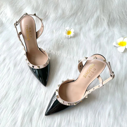 New Fashion Slingbacks Women's White Wine Black Patent Leather Stud Summer Sandal Heels