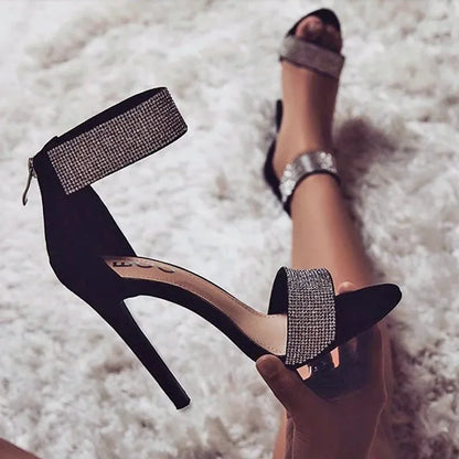 Ankle Strap Women's Sandals: Summer Fashion Rhinestones, Thin High Heels Gladiator Sandal with Narrow Band, Party Dress Pump Shoes