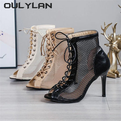 Women's Mesh Cool Boots Dance Shoes for Summer, Slim Heel Hollow Short Boots Jazz Dance High Heel Nightclub Sandals