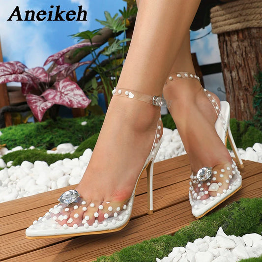 2024 Summer Fashion White Beaded Pumps with Buckle Strap, Transparent, Thin High Heels Women's Sandals for Party and Prom