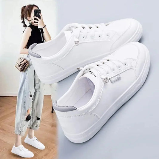 Young Women's Casual White Sneakers Vulcanize Shoes Spring Autumn Breathable Flats Solid Color Mesh Shoes