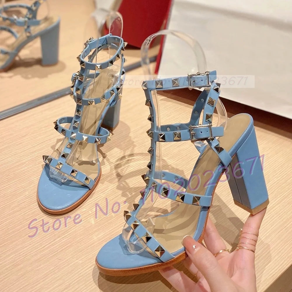 T-Strap Studded Blue Sandals: Women's Luxury High Block Heels, Real Leather, Summer Casual Sandals with Newest Rivets, Perfect for Nude Party Shoes