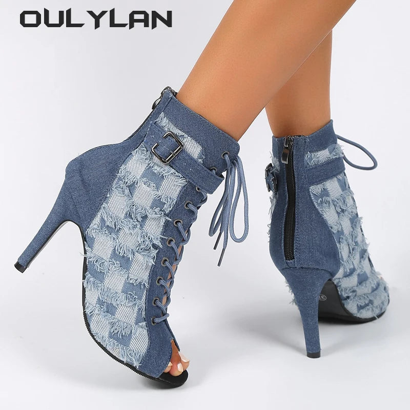 New Fish Mouth Cool Boots Women's Autumn Comfortable Hollow Heels High Heel Dance Sandals Denim Blue Large Size Shoes