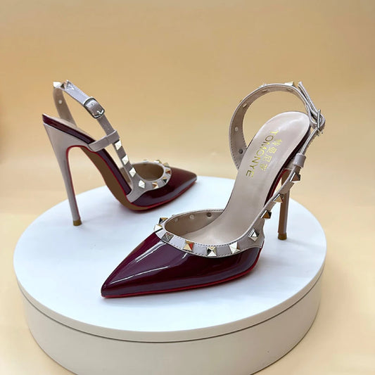 2024 New Fashion Brand Designer TOMONYE Slingbacks White Wine Black Patent Leather Stud Women Lady Summer Sandal Heel Shoes