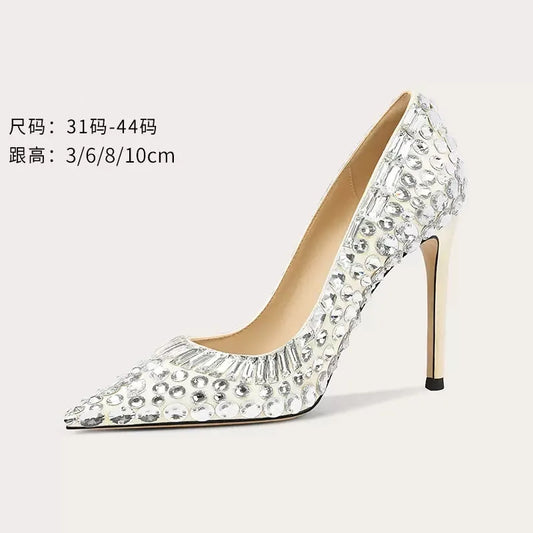 Spring and Summer New Pointed Silk Face Rhinestone Wedding Shoes Slim High Heel Party Dress Large and Small Women's Single Shoes
