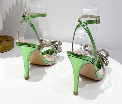 Green Pointed Toe Crystal PVC Transparent Women's Pumps with Sexy Buckle Strap, Summer Stiletto High Heels