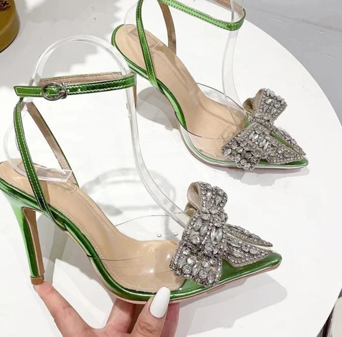 Green Pointed Toe Crystal PVC Transparent Women's Pumps with Sexy Buckle Strap, Summer Stiletto High Heels