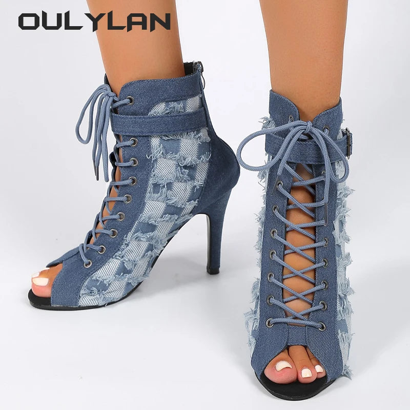 New Fish Mouth Cool Boots Women's Autumn Comfortable Hollow Heels High Heel Dance Sandals Denim Blue Large Size Shoes