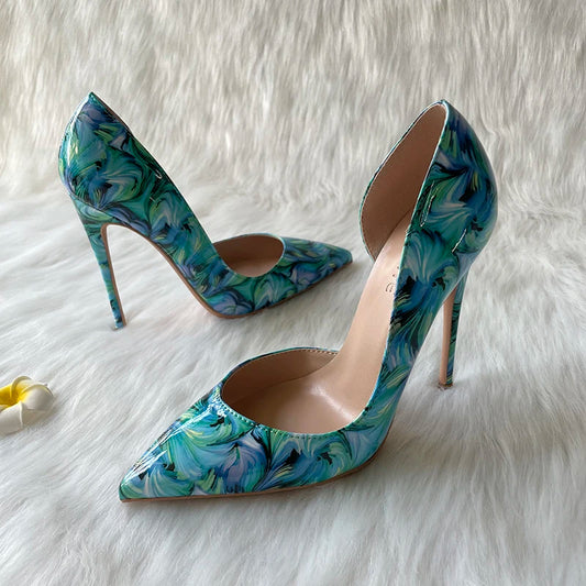 2024 New Style Spring Shoes Gree Printed Patent Leather Pointed Toe D'orsay Women Lady High Heel Shoes Pump Big Size On sale