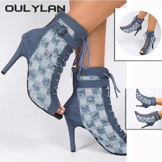 2024 NEW Fish Mouth Cool Boots Women Autumn Comfortable Hollow Out Heels High Heels Dance Sandals Denim Blue Large Size Shoes