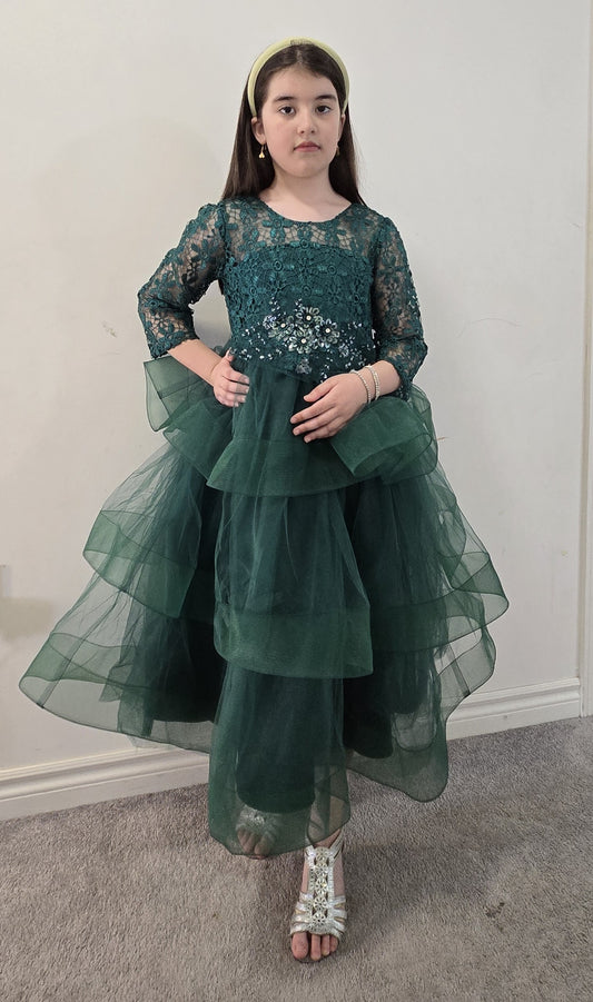 Elegant Emerald Layered Lace Dress – Style XH-1016#