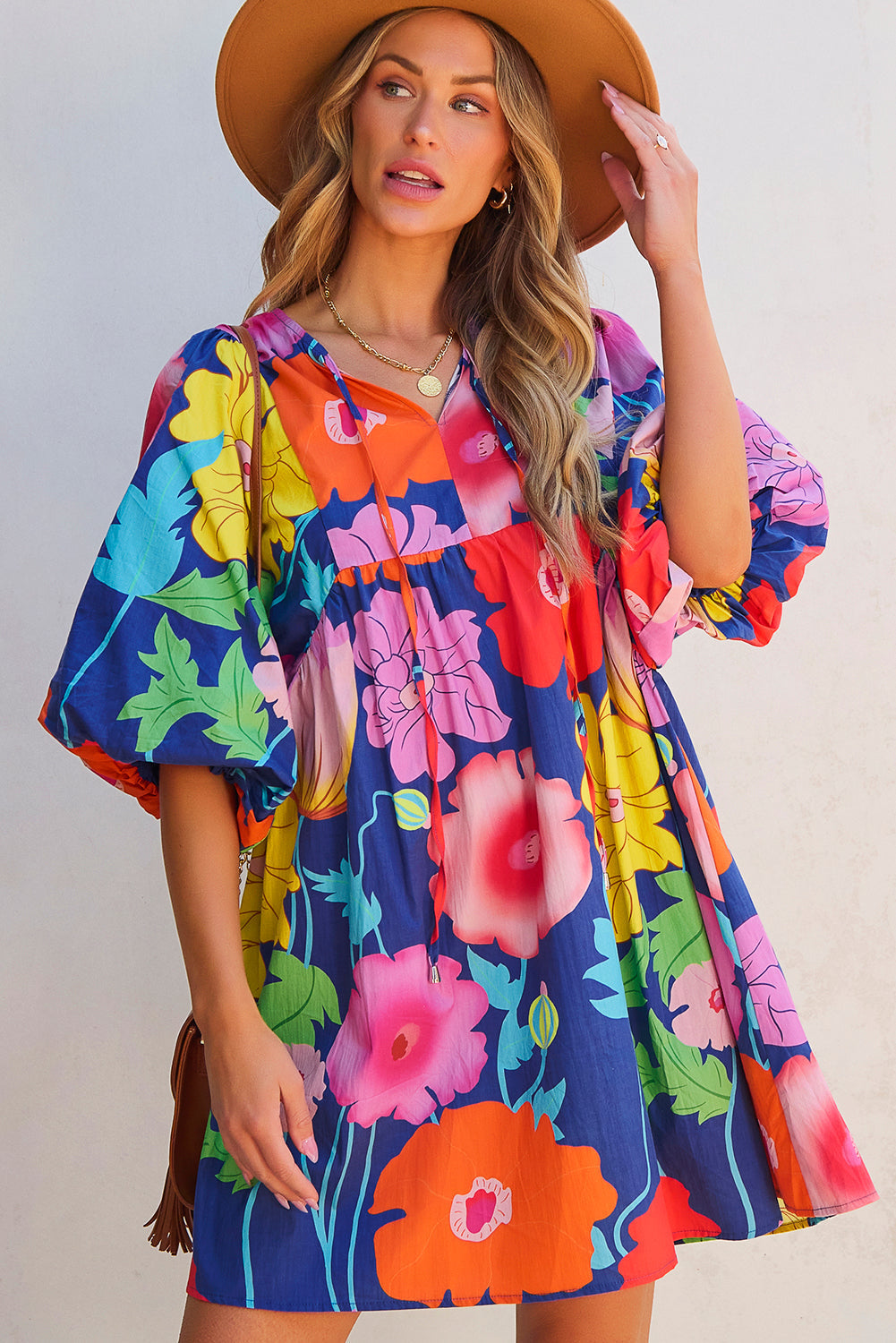 Dark Blue Floral Print Split Neck Babydoll Dress with Puff