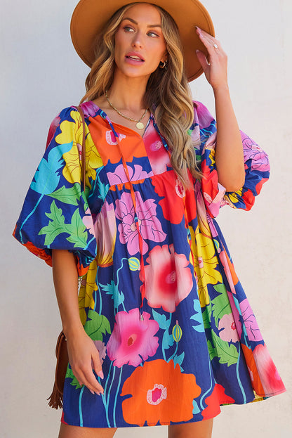 Dark Blue Floral Print Split Neck Babydoll Dress with Puff