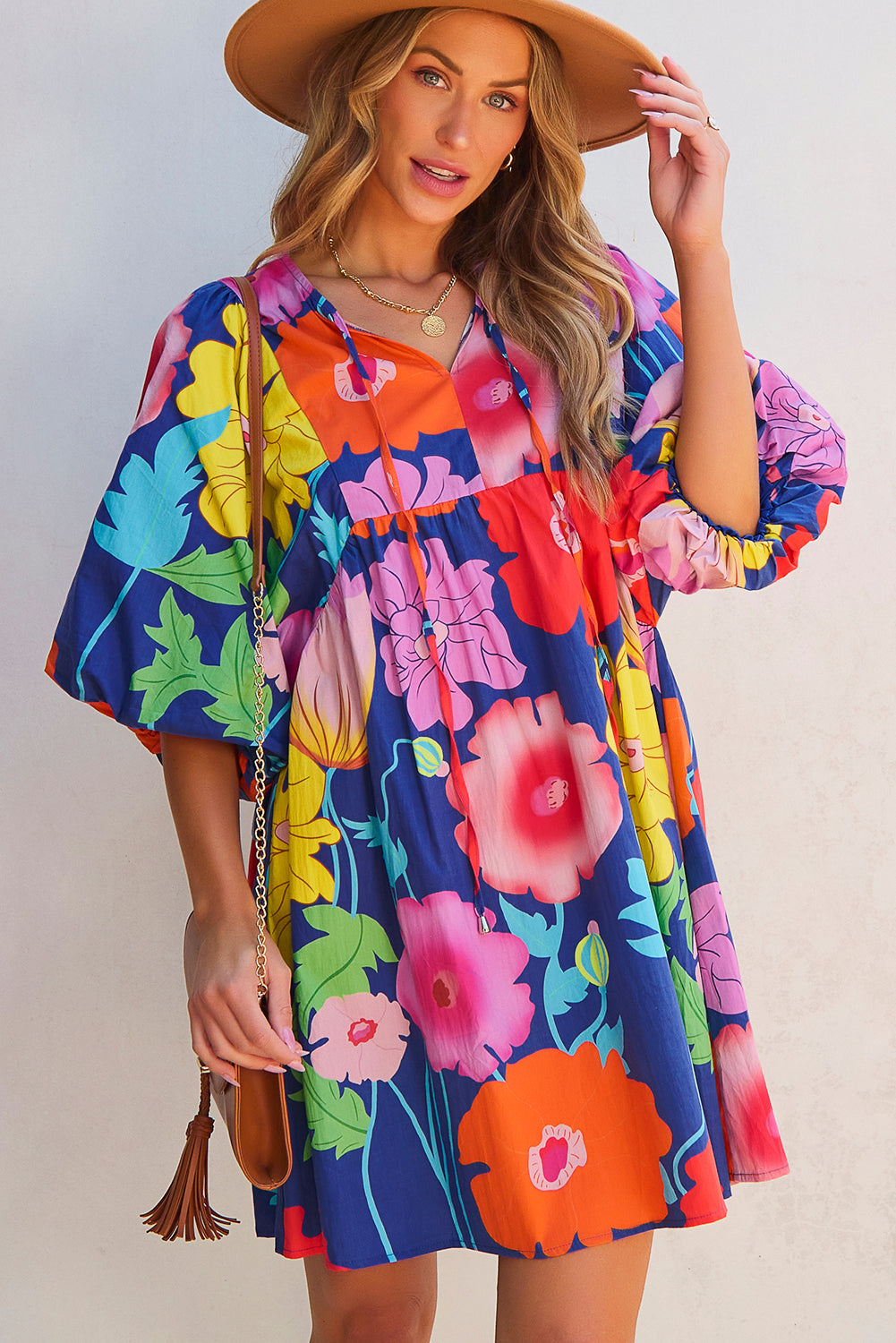 Dark Blue Floral Print Split Neck Babydoll Dress with Puff