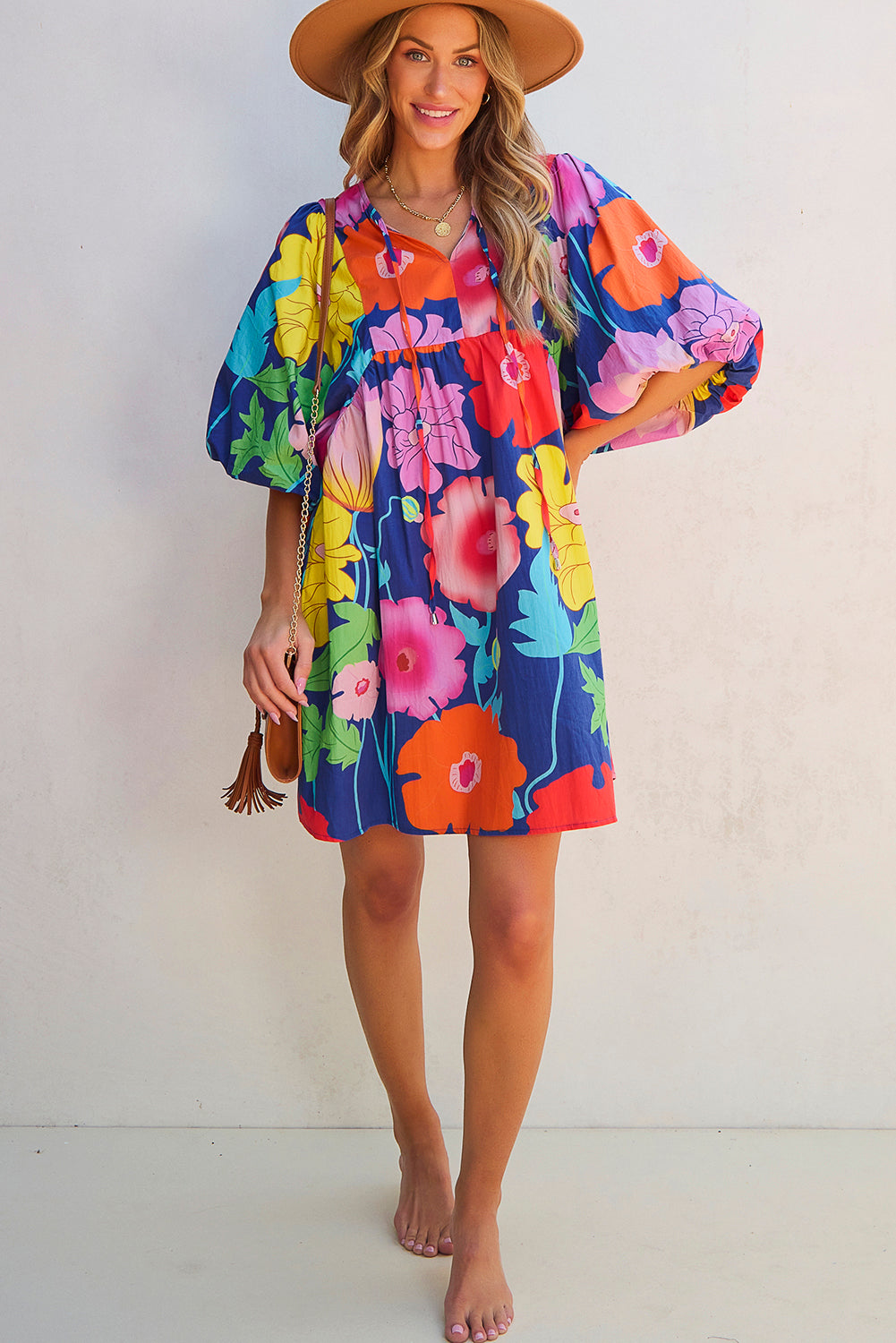 Dark Blue Floral Print Split Neck Babydoll Dress with Puff