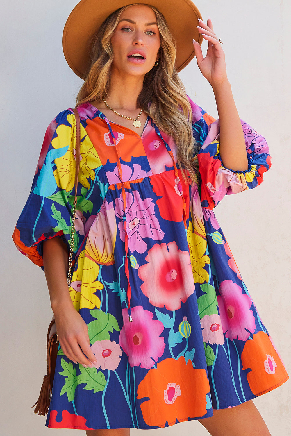 Dark Blue Floral Print Split Neck Babydoll Dress with Puff